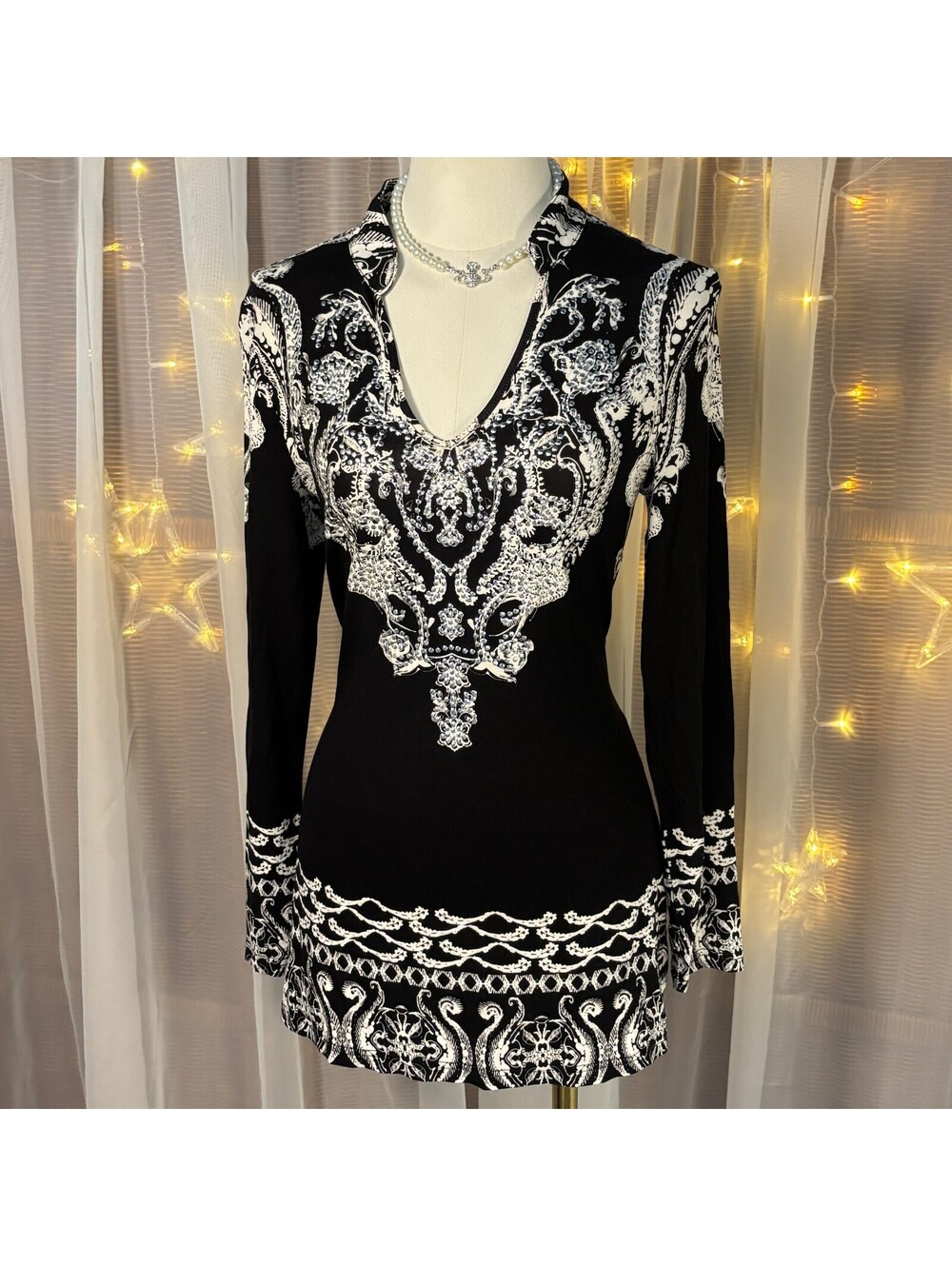Cristina Black White Baroque Boho Print Tunic Mini Dress NWT Small Statement